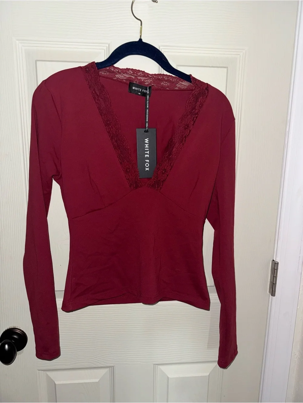 White Fox Boutique Lace-Trim V-Neck Long Sleeve Top - Wine - Picture 1 of 4